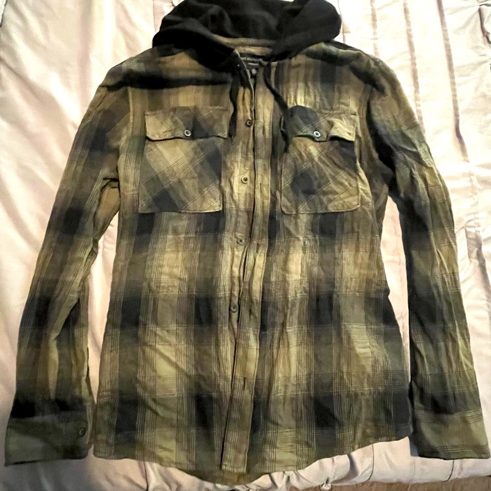 No Boundaries Oversized Flannel with Hood Green Black Men M